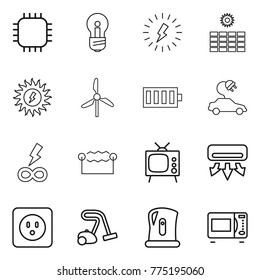 Thin line icon set : chip, bulb, lightning, sun power, windmill, battery, electric car, infinity, electrostatic, tv, air conditioning, socket, vacuum cleaner, kettle, microwave oven