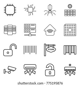 Thin line icon set : chip, virus, sun power, server, wireless home, cpu, unlock, bar code, store signboard, surveillance, air conditioning, unlocked