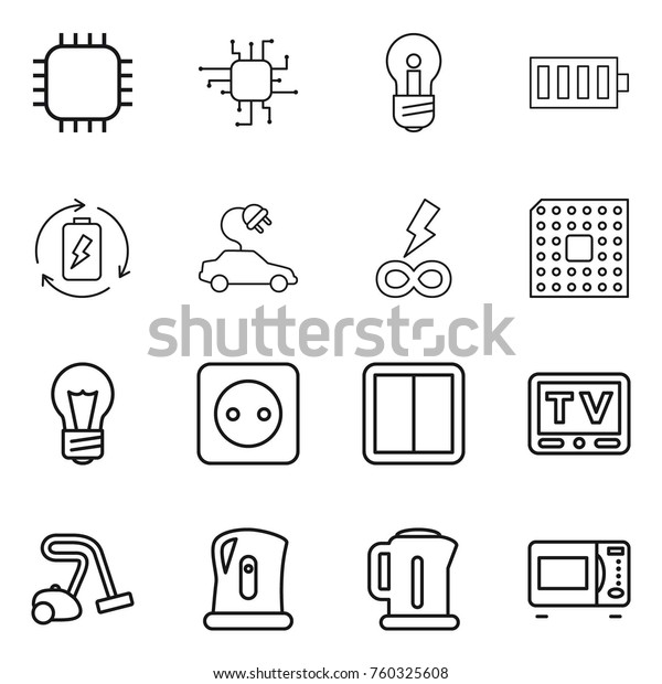 Thin line icon set : chip, bulb, battery, charge,\
electric car, infinity power, cpu, socket, switch, tv, vacuum\
cleaner, kettle, microwave\
oven
