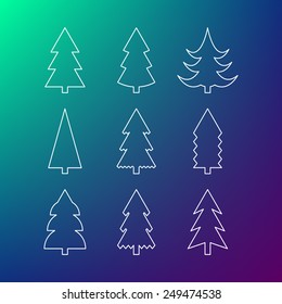 Thin line icon set of Christmas trees. Winter trees icon. 9 different Christmas trees thin line icons.
