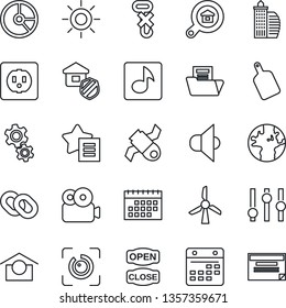 Thin Line Icon Set - circle chart vector, sun, earth, satellite, warehouse storage, no hook, speaker, settings, chain, favorites list, calendar, eye id, music, video, document folder, estate search