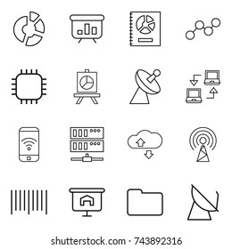 thin line icon set : circle diagram, presentation, annual report, graph, chip, satellite antenna, notebook connect, phone wireless, server, cloude service, bar code, documents