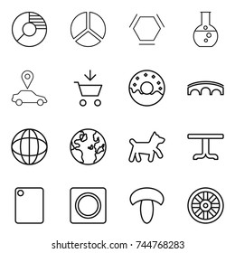 thin line icon set : circle diagram, hex molecule, round flask, car pointer, add to cart, donut, bridge, globe, dog, table, cutting board, ring button, mushroom, wheel