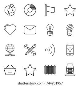 thin line icon set : circle diagram, flag, star, heart, mail, bulb, globe connect, pencil wrench, wireless, phone, remove from basket, radiator, grater