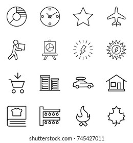 thin line icon set : circle diagram, clock, star, plane, courier, presentation, lightning, sun power, add to cart, district, car baggage, home, cooking book, watering, fire, maple leaf