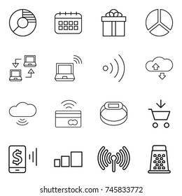 thin line icon set : circle diagram, calendar, gift, notebook connect, wireless, cloude service, cloud, tap to pay, smart bracelet, add cart, mobile, sorting, grater