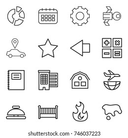 thin line icon set : circle diagram, calendar, gear, satellite, car pointer, star, left arrow, calculator, copybook, houses, house, plane shipping, service bell, crib, fire, spot