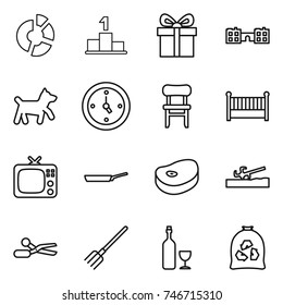 thin line icon set : circle diagram, pedestal, gift, school, dog, watch, chair, crib, tv, pan, steake, soil cutter, scissors, fork, wine, garbage bag