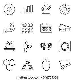 thin line icon set : circle diagram, graph, table lamp, round around, chemical industry, chip, calendar, house with garage, fountain, satellite, palm hammock, ring button, honeycombs, field, acorn