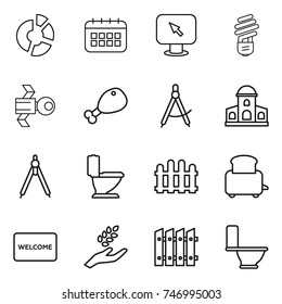 thin line icon set : circle diagram, calendar, monitor arrow, bulb, satellite, chicken leg, draw compass, mansion, drawing compasses, toilet, fence, toaster, welcome mat, harvest