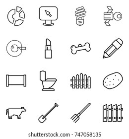 thin line icon set : circle diagram, monitor arrow, bulb, satellite, cell corection, lipstick, bone, pencil, fence, toilet, potato, cow, shovel, fork