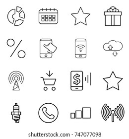 thin line icon set : circle diagram, calendar, star, gift, percent, touch, phone wireless, cloude service, antenna, add to cart, mobile pay, spark plug, sorting