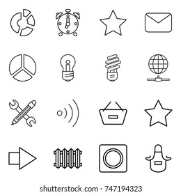 thin line icon set : circle diagram, alarm clock, star, mail, bulb, globe connect, pencil wrench, wireless, remove from basket, right arrow, radiator, ring button, apron