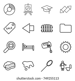 thin line icon set : circle diagram, presentation, graduate hat, up down arrow, sale label, left, fence, documents, cargo search, bed, mixer, sun, sponge with foam, spot, duster, toilet cleaning