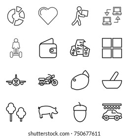 thin line icon set : circle diagram, heart, courier, notebook connect, hoverboard, wallet, modern architecture, window, plane, motorcycle, lemon, mortar, trees, pig, acorn, car wash