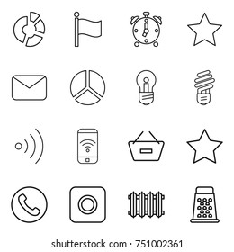 thin line icon set : circle diagram, flag, alarm clock, star, mail, bulb, wireless, phone, remove from basket, ring button, radiator, grater