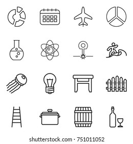 thin line icon set : circle diagram, calendar, plane, round flask, atom, laser, surfer, jellyfish, bulb, stool, fence, stairs, pan, barrel, wine