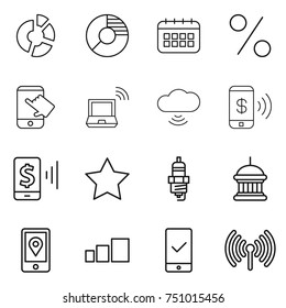 thin line icon set : circle diagram, calendar, percent, touch, notebook wireless, cloud, phone pay, mobile, star, spark plug, goverment house, location, sorting, checking