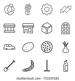 thin line icon set : circle diagram, bulb, gear, up down arrow, market, shop, 3d, arch window, car shipping, potato, cookies, onion, shovel, peas, rake, toilet cleanser