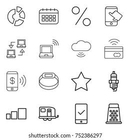 thin line icon set : circle diagram, calendar, percent, touch, notebook connect, wireless, cloud, tap to pay, phone, smart bracelet, star, spark plug, sorting, trailer, mobile checking, grater