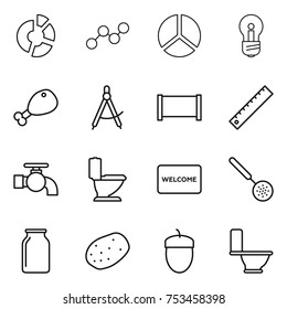 thin line icon set : circle diagram, graph, bulb, chicken leg, draw compass, fence, ruler, water tap, toilet, welcome mat, skimmer, bank, potato, acorn