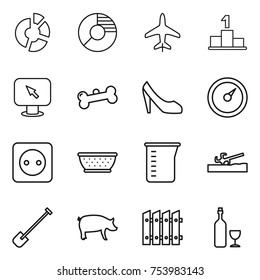 thin line icon set : circle diagram, plane, pedestal, monitor arrow, bone, shoes, barometer, power socket, colander, measuring cup, soil cutter, shovel, pig, fence, wine