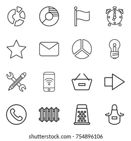 thin line icon set : circle diagram, flag, alarm clock, star, mail, bulb, pencil wrench, phone wireless, remove from basket, right arrow, radiator, grater, apron