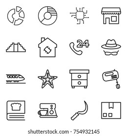 thin line icon set : circle diagram, chip, shop, pyramid, smart house, phone 24, confidential, train, starfish, nightstand, mixer, cooking book, coffee maker, sickle, package