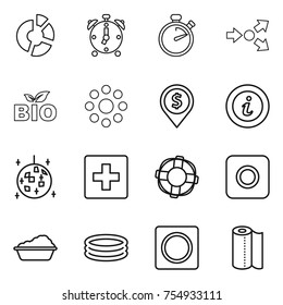 thin line icon set : circle diagram, alarm clock, stopwatch, core splitting, bio, round around, dollar pin, info, disco ball, first aid, lifebuoy, ring button, washing, inflatable pool, paper towel
