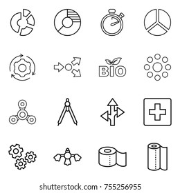 thin line icon set : circle diagram, stopwatch, around gear, core splitting, bio, round, spinner, drawing compasses, route, first aid, gears, hard reach place cleaning, toilet paper, towel