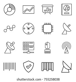 thin line icon set : circle diagram, statistics, presentation, annual report, graph, clock, chip, satellite antenna, server, crystall memory, bar code, protected
