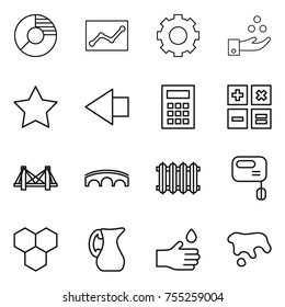thin line icon set : circle diagram, statistics, gear, chemical industry, star, left arrow, calculator, bridge, radiator, mixer, honeycombs, jug, hand drop, spot