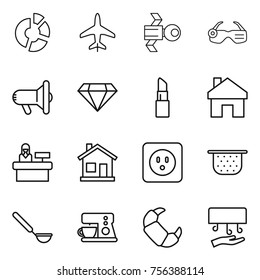 Thin line icon set : circle diagram, plane, satellite, smart glasses, megafon, diamond, lipstick, home, reception, power socket, colander, ladle, coffee maker, croissant, hand dryer