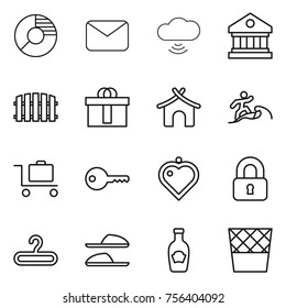 Thin line icon set : circle diagram, mail, cloud wireless, library, fence, hi quality package, bungalow, surfer, baggage trolley, key, heart pendant, locked, hanger, slippers, ketchup, trash bin