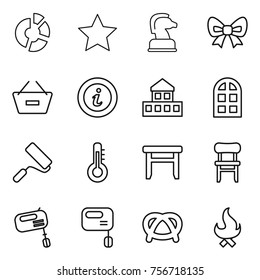 Thin line icon set : circle diagram, star, chess horse, bow, remove from basket, info, cottage, arch window, repair, thermometer, stool, chair, mixer, pretzel, fire