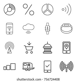 Thin line icon set : circle diagram, percent, wireless, phone, cloud, smart watch, bracelet, antenna, add to cart, goverment house, mobile location, sorting, trailer, checking