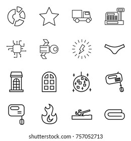 Thin line icon set : circle diagram, star, truck, cashbox, chip, satellite, lightning, underpants, building, arch window, disco ball, mixer, fire, soil cutter, towel