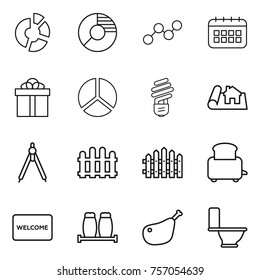 Thin line icon set : circle diagram, graph, calendar, gift, bulb, project, drawing compasses, fence, toaster, welcome mat, salt pepper, chicken leg, toilet
