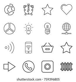 Thin line icon set : circle diagram, alarm clock, star, heart, bulb, globe connect, wireless, phone, remove from basket, right arrow, ring button, radiator