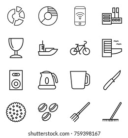 Thin line icon set : circle diagram, phone wireless, store, wineglass, sea shipping, bike, hotel, speaker, kettle, cup, knife, cookies, coffee seeds, fork, rake