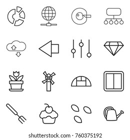 Thin line icon set : circle diagram, globe connect, cell corection, structure, cloude service, left arrow, equalizer, diamond, flower, windmill, greenhouse, power switch, big fork, cupcake, seeds