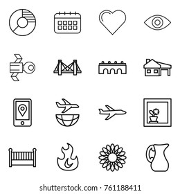 Thin line icon set : circle diagram, calendar, heart, eye, satellite, bridge, house with garage, mobile location, plane shipping, flower in window, crib, fire, jug