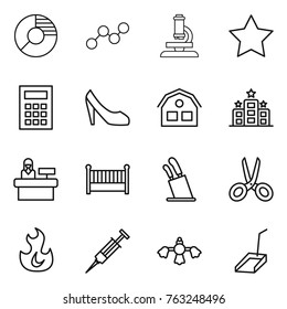 Thin line icon set : circle diagram, graph, microscope, star, calculator, shoes, house, hotel, reception, crib, stands for knives, scissors, fire, syringe, hard reach place cleaning, scoop