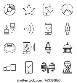 Thin line icon set : circle diagram, star, touch, notebook connect, wireless, phone, smart watch, bracelet, mobile pay, spark plug, goverment house, sorting, checking, grater