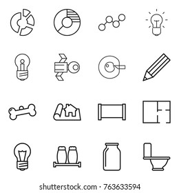 Thin line icon set : circle diagram, graph, bulb, satellite, cell corection, pencil, bone, project, fence, plan, salt pepper, bank, toilet