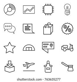 Thin line icon set : circle diagram, statistics, chip, bulb, discussion, shopping list, bag, percent, star, hangare, location details, scooter shipping, package, departure, apron, turk