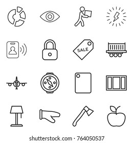 Thin line icon set : circle diagram, eye, courier, lightning, pass card, lock, sale label, truck shipping, plane, compass, cutting board, window, floor lamp, cook glove, axe, apple