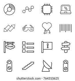 Thin line icon set : circle diagram, graph, chip, notebook, up down arrow, smart glasses, cardio, bar code, store signboard, list, important flag, signpost, do not distrub, stairs, satellite antenna