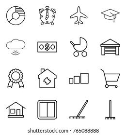 Thin line icon set : circle diagram, alarm clock, plane, graduate hat, cloud wireless, money, baby stroller, garage, medal, smart house, sorting, cart, home, power switch, rake