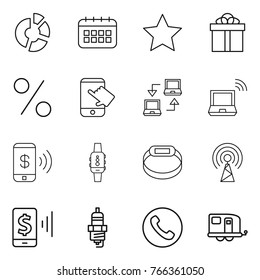 Thin line icon set : circle diagram, calendar, star, gift, percent, touch, notebook connect, wireless, phone pay, smart watch, bracelet, antenna, mobile, spark plug, trailer